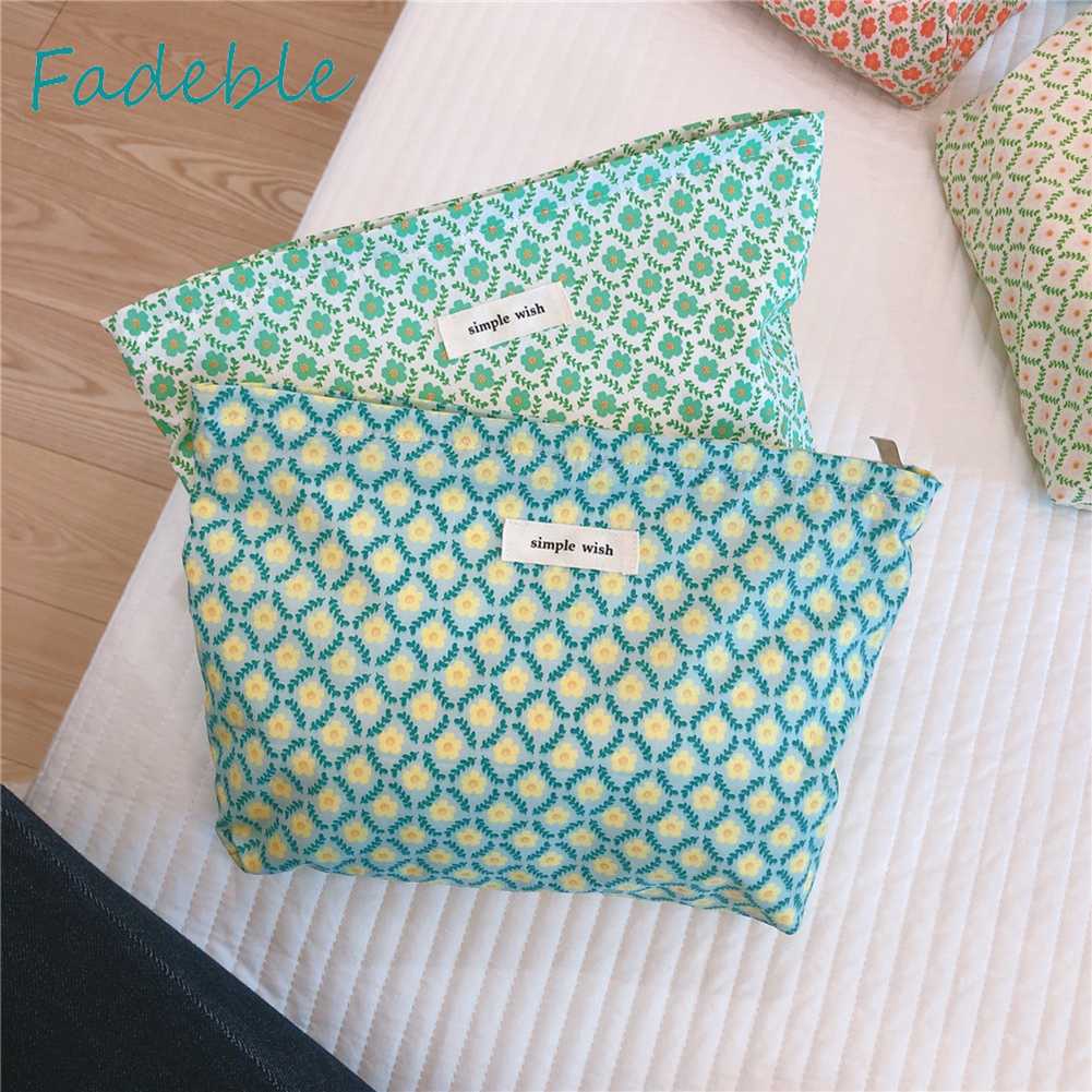 Túi Đựng Mỹ Phẩm Chất Liệu Cotton Sức Chứa Lớn Họa Tiết Hoa Xinh Xắn Tiện Dụng