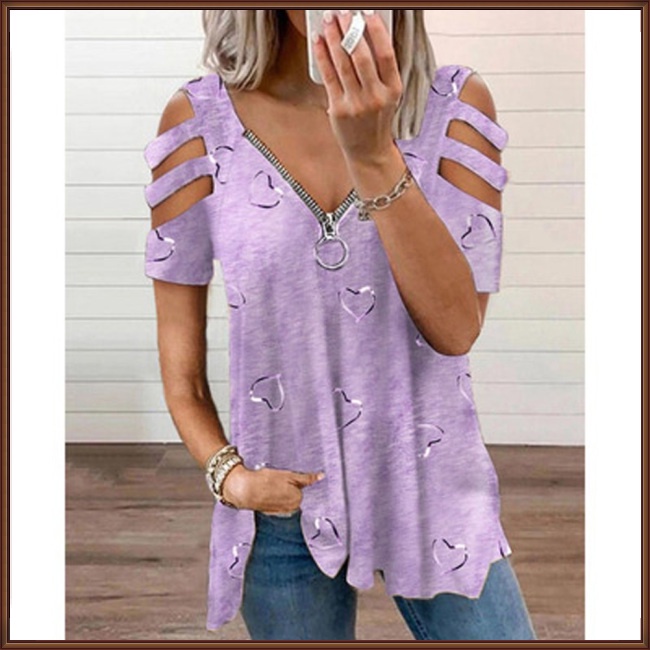 Áo Thun Tay Ngắn Cổ Chữ V Dáng Rộng Có Khóa Kéo In Họa Tiết Tinh Tế Thời Trang Cho Nữ
