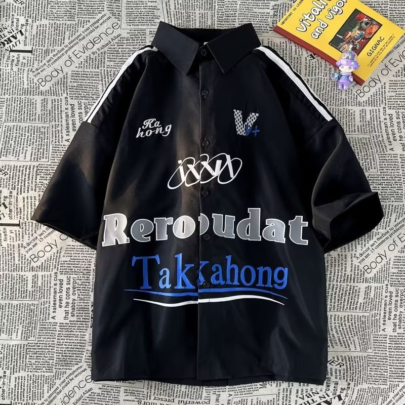 Áo Thun polo Ngắn Tay Form Rộng Thêu Họa Tiết Phong Cách Đường Phố Mỹ