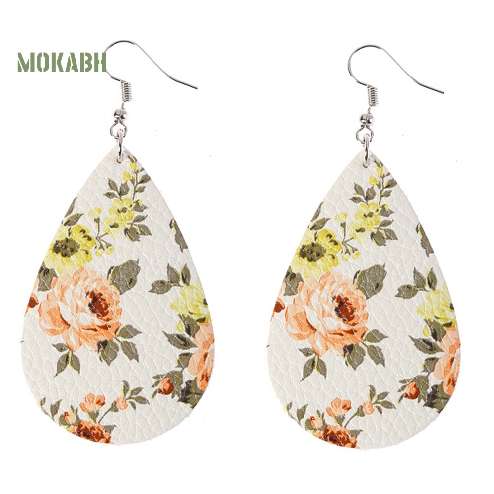 Abh Bông Tai Móc Hình Giọt Nước Họa Tiết Hình Hoa Bằng Chất Liệu Giả Da Theo Phong Cách Boho