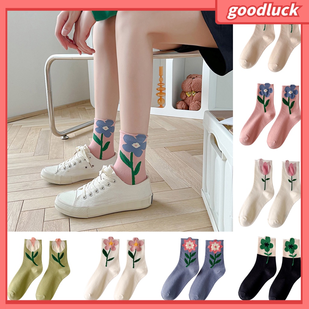 1 Đôi Vớ Mềm Co Giãn Thoáng Khí Chống Trượt Và Thấm Hút Mồ Hôi In Hình Hoa Tulip Dành Cho Nữ