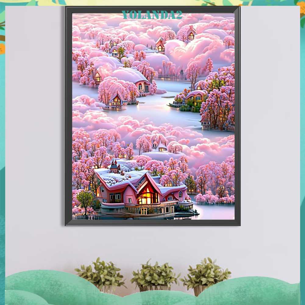 Tranh Đính Đá Kim Cương Toàn Bộ 5D DIY Hình Vẽ Biệt Thự Núi Và Hoa