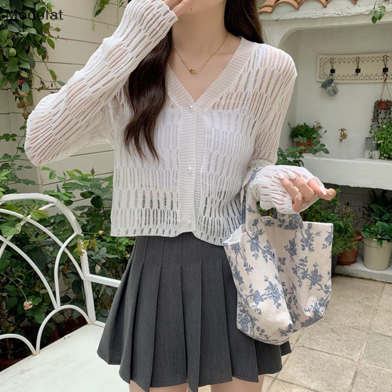 Áo Cardigan Dệt Kim Mỏng Tay Dài Cổ Chữ V Thời Trang Mùa Hè Cho Nữ