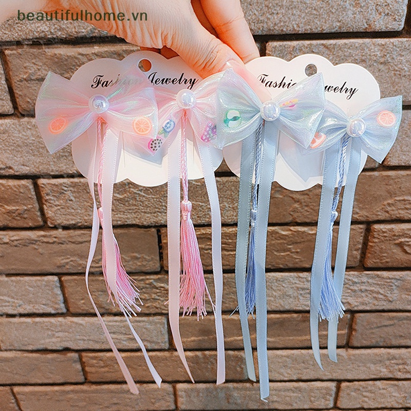 Bộ 2 Kẹp Tóc Nơ Phối Dây Ruy Băng Tua Rua Phong Cách Trung Hoa Dễ Thương Cho Bé Gái