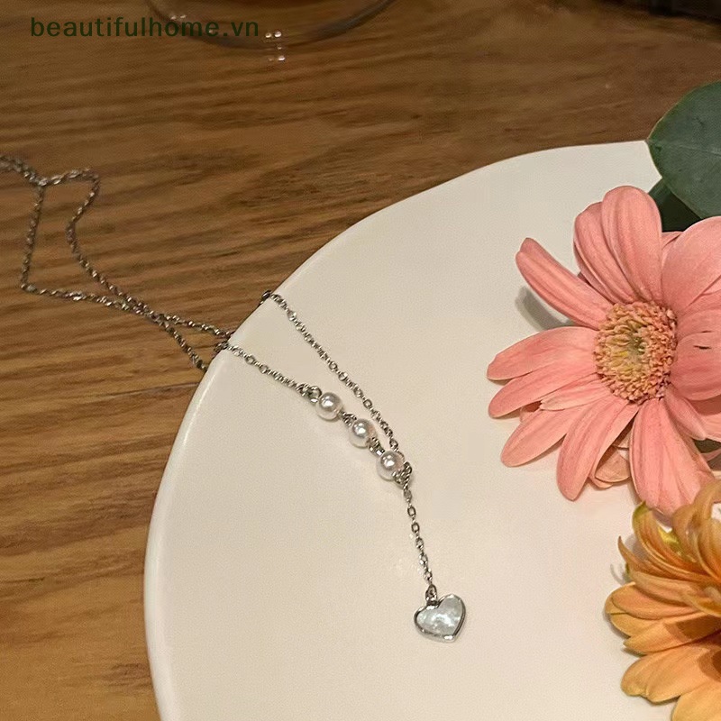 [beautifulhome] Vòng cổ Ngọc Trai Bạc Mặt Hình Trái Tim Đơn Giản Thời Trang Có Thể Điều Chỉnh Cho Nữ [beauty]
