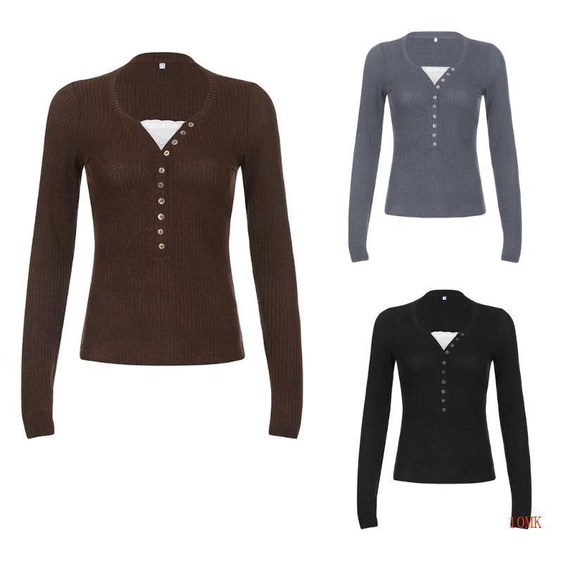 Áo Croptop Dệt Kim Tay Dài Cổ Chữ V Phối Ren Và Nút Thời Trang Cho Nữ