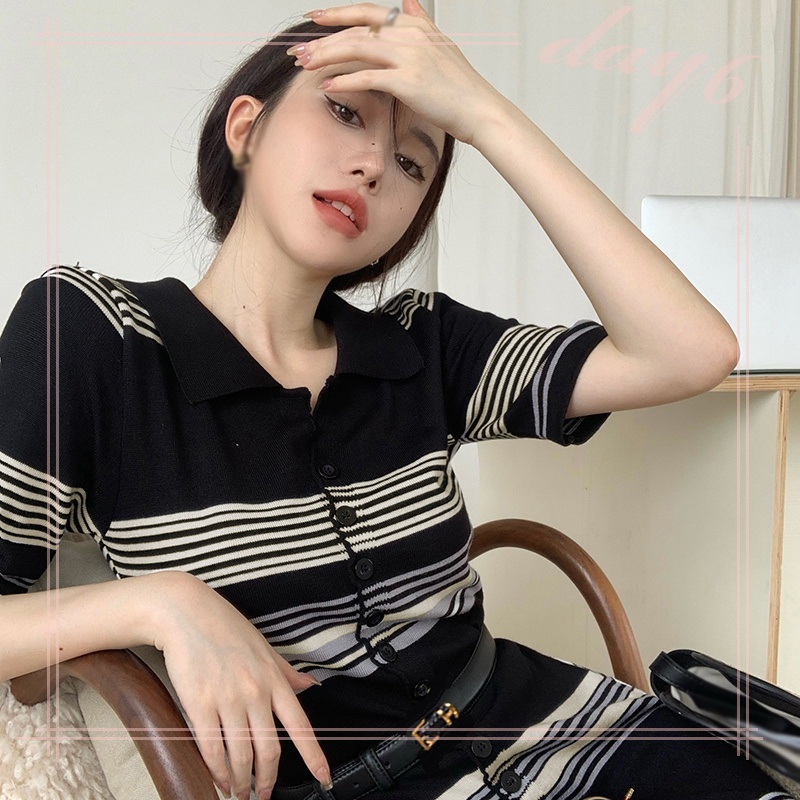 Đầm Dệt Kim Tay Ngắn Cổ Chữ V Họa Tiết Kẻ Sọc Thời Trang Hàn Quốc Xinh Xắn Cho Nữ