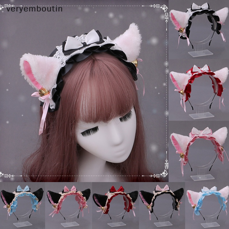 Băng Đô Tai Mèo Lông Xù Phối Ren Đính Chuông Hóa Trang Lolita