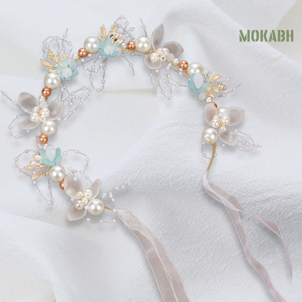 Băng Đô Đính Hoa Ngọc Trai Giả Thắt Nơ Ruy Băng Lãng Mạn Có Thể Điều Chỉnh Trang Trí Tóc Cho Bé Gái