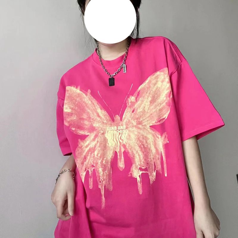 Áo Thun 100% Cotton Tay Ngắn In Họa Tiết Bươm Bướm Thời Trang Mùa Hè Dành Cho Nữ