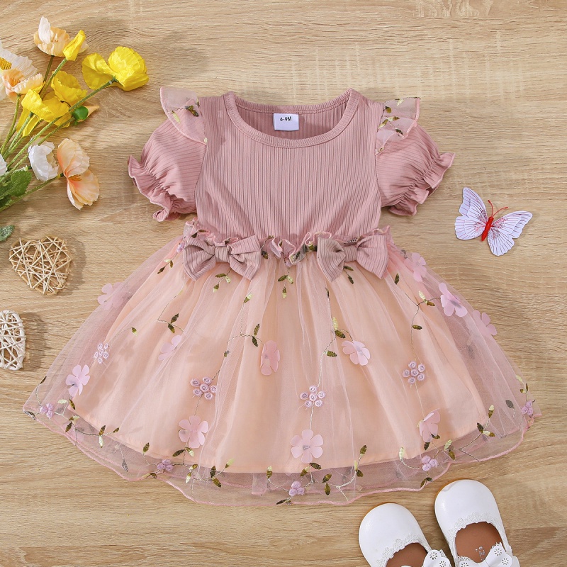 Đầm Xòe Công Chúa Bằng Vải Tuyn Tay Cộc Dành Cho Bé Gái 3-18 Tháng Tuổi