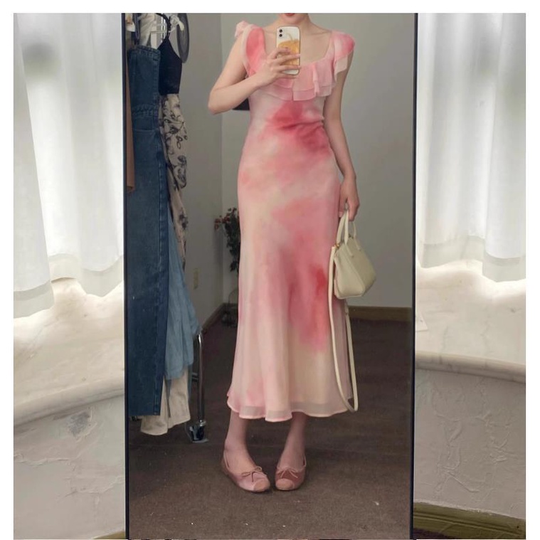 Đầm Chiffon Cổ Vuông Viền Bèo Màu Hồng Phong Cách Hàn Quốc Chất Lượng Cao