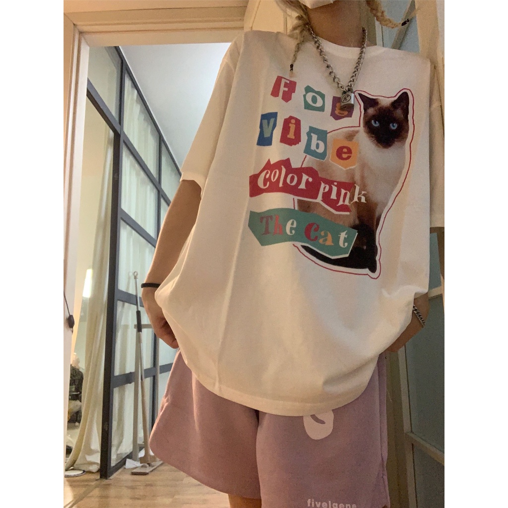 Áo Thun 100% Cotton Tay Ngắn In Hình Mèo Và Chữ Thời Trang Mùa Hè Hàng Mới 2023
