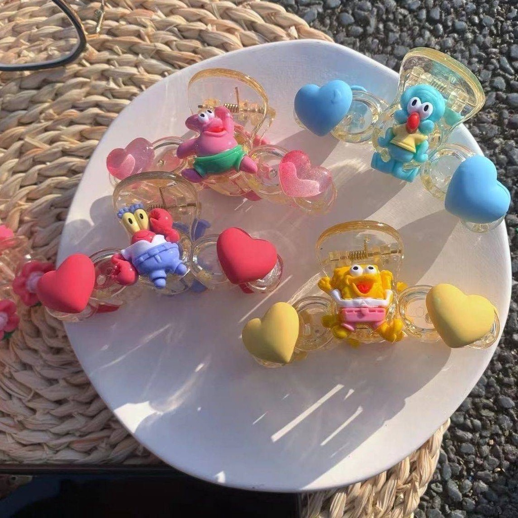 Kẹp Tóc Hình Vuông Cỡ Lớn In Họa Tiết SpongeBob / Ngôi Sao Xinh Xắn Thời Trang Cho Bé Gái