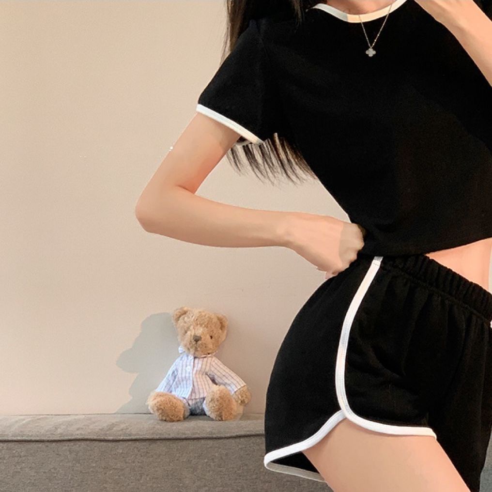 Bộ Đồ Thể Thao Áo Thun Tay Ngắn Cổ Tròn Màu Sắc Tương Phản Thời Trang Mùa Thu Cho Nữ