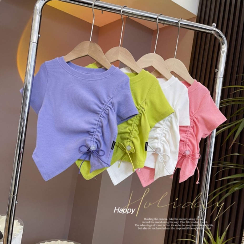 Áo Thun Mùa Hè 2023 Tay Cộc Rút Dây Màu Trơn Dễ Phối Đồ Phong Cách Mới Cho Nữ