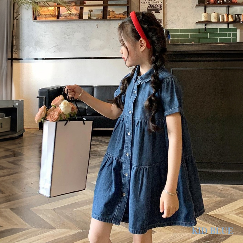 Đầm Denim Mỏng Cổ Bẻ Thời Trang Mùa Hè Phong Cách Hàn Quốc Cho Bé Gái