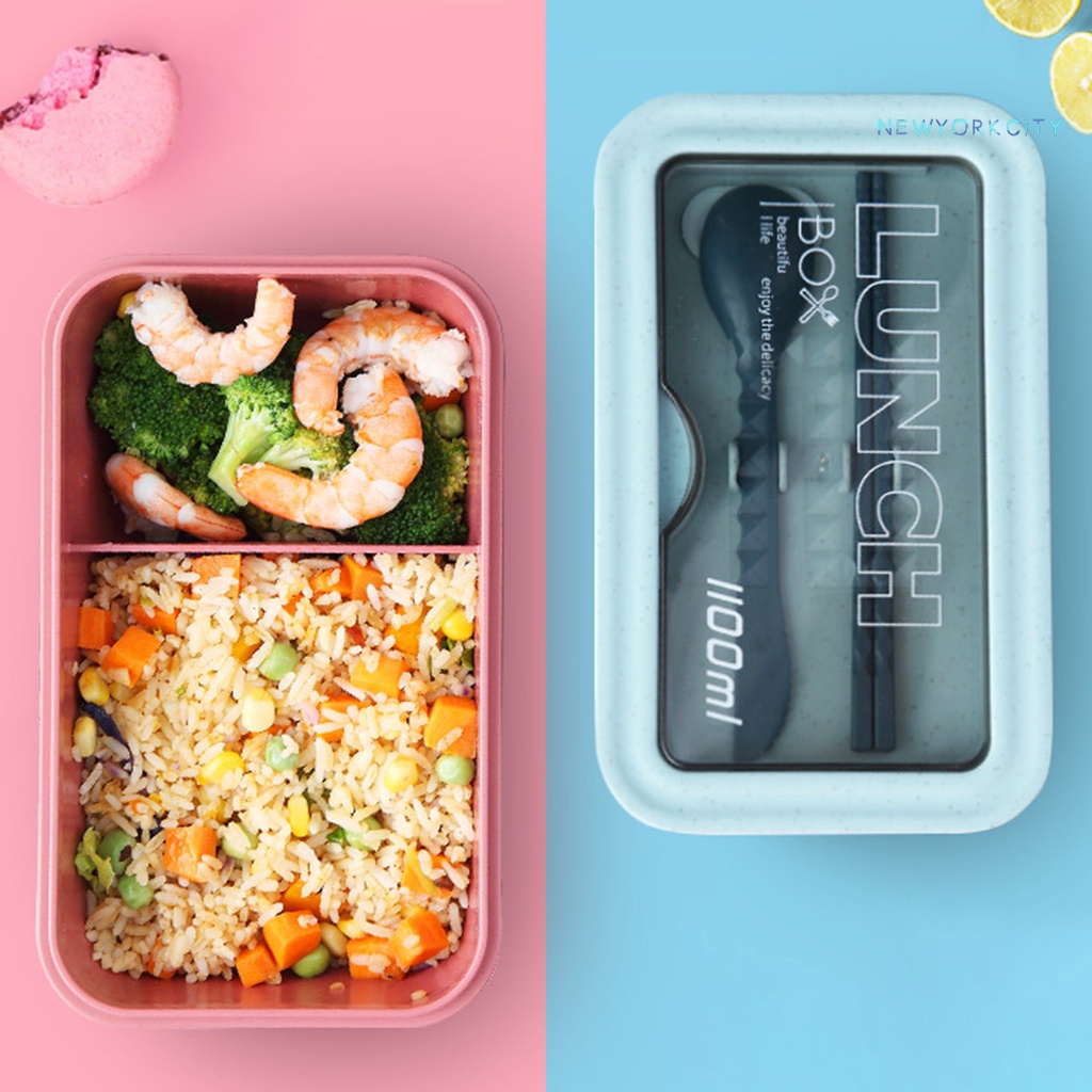 Hộp cơm Hai Ngăn Nắp Lật Bằng Nhựa Trong Suốt Kèm Muỗng Đũa Chống Rò Rỉ An Toàn Cho Trường Học