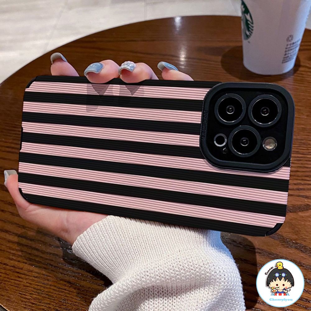 Ốp Điện Thoại Da Giả + TPU Kẻ Sọc Màu Hồng Thời Trang Cho IPhone 14 13 12 11 Pro Max X XR 8 7 Plus SE