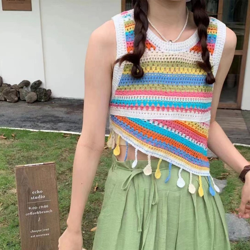 Áo Croptop Dệt Kim Hai Dây Cổ Tròn In Hoa Gợi Cảm Cho Nữ