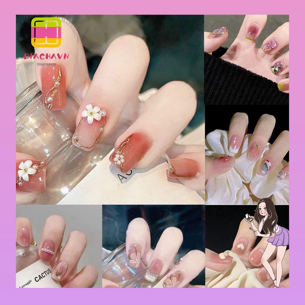 DIACHAVN Hộp 24 Móng Tay Giả Ngắn / Tròn / Vuông Dạng Nhấn Tiện Dụng
