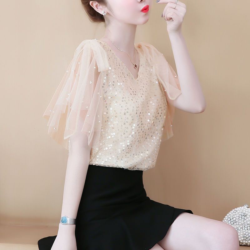 Áo Sơ Mi Chiffon Tay Ngắn Cổ Chữ v Phối Ren Đính Kim Sa Lấp Lánh Thời Trang Mùa Hè Cho Nữ