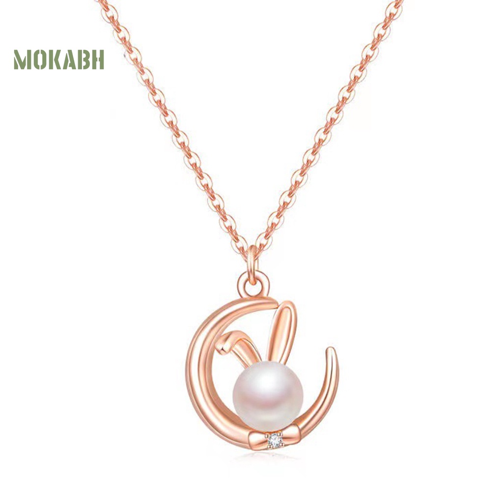 Vòng cổ Mặt Hình Thỏ Và Mặt Trăng Đính Ngọc Trai Giả Thanh Lịch Cho Nữ