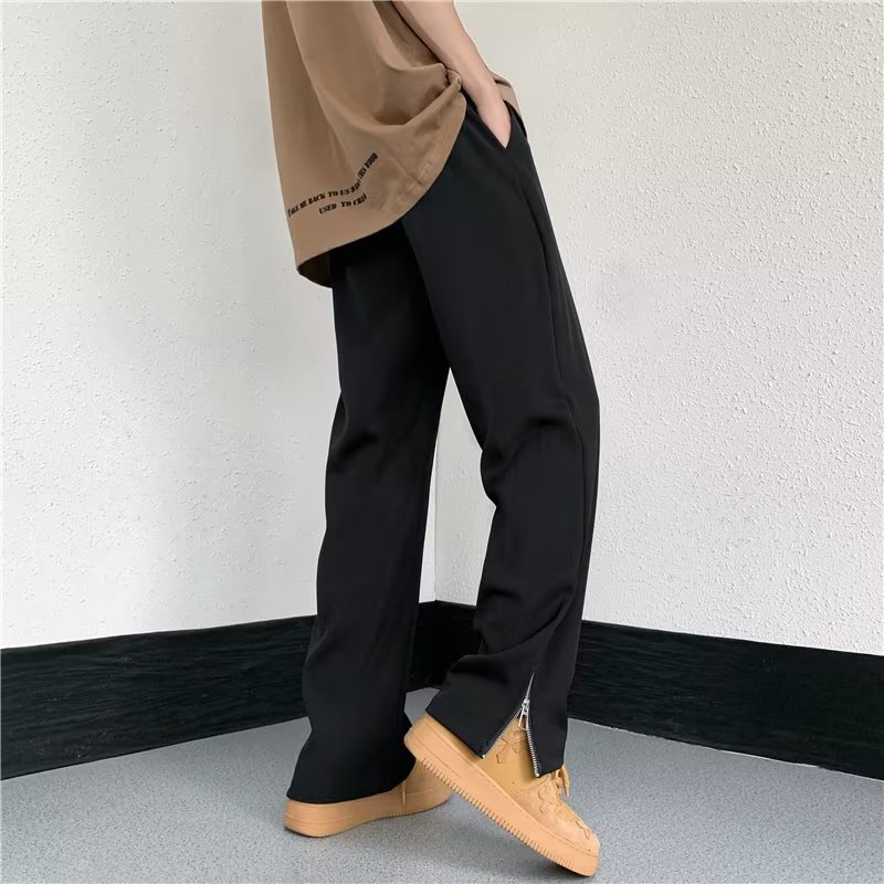 Quần Dài Ống Rộng Màu Trơn Phối Khóa Kéo Thời Trang Đường Phố Mỹ Cá Tính Cho Nam