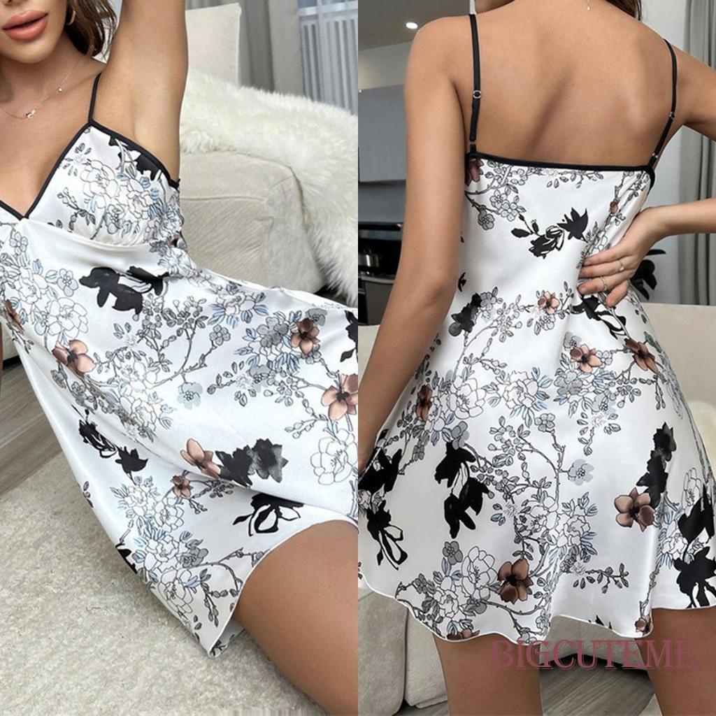 [] - Đầm Ngủ Không Tay Cổ Chữ V Hở Lưng Màu Sắc Tương Phản Mùa Hè Cho Nữ