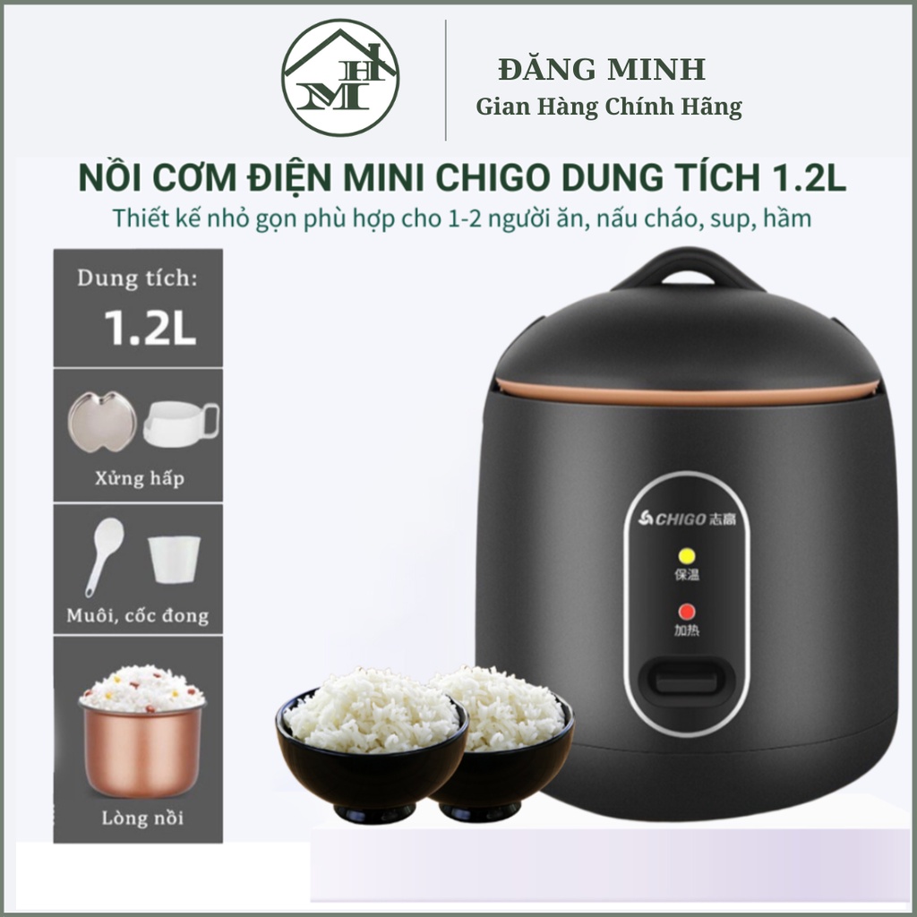 Nồi cơm điện mini đa năng Chigo dung tích 1.2L công suất 600w nấu cháo súp hầm, thiết kế chống dính an toàn cho sức khỏe
