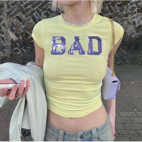Áo Thun Lửng Ngắn Tay Cổ Tròn In Chữ Thời Trang Nữ Tính