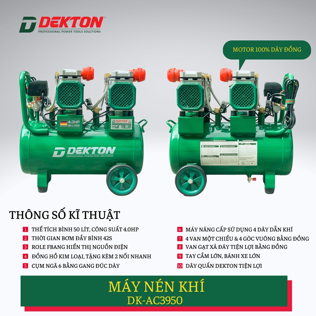 TOP Máy Nén Khí 4HP/50L Dekton Khong Dầu / DK-AC3950 / 42 Giây Đầy Bình/50L HTP ĐIỆN MÁY