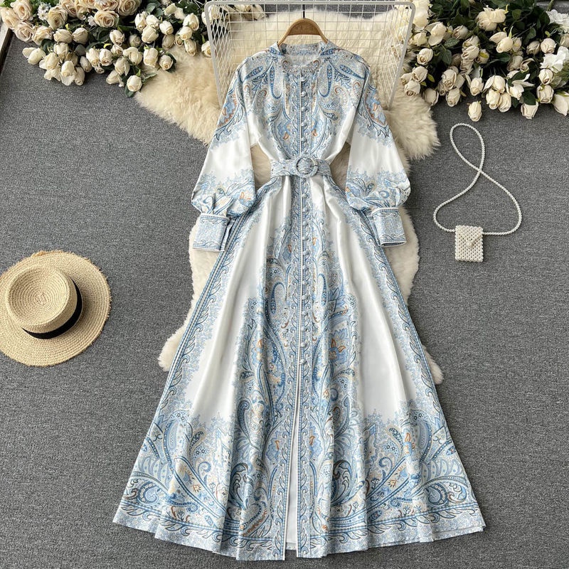 Đầm Chữ A Dài Qua Gối Tay Phồng In Họa Tiết Phong Cách Cổ Điển Thời Trang Xuân Thu Dành Cho Nữ