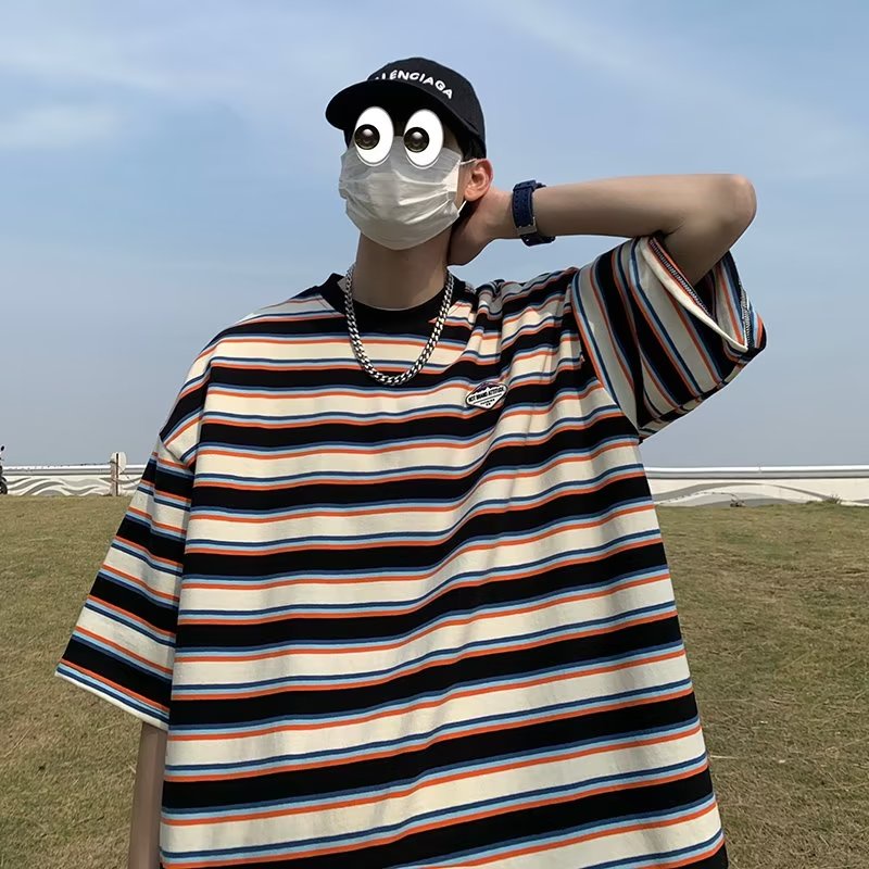 Áo Thun Tay Ngắn Chất Liệu Cotton Họa Tiết Kẻ Sọc Phong Cách Nhật Bản Thời Trang Mùa Hè Cho Nam