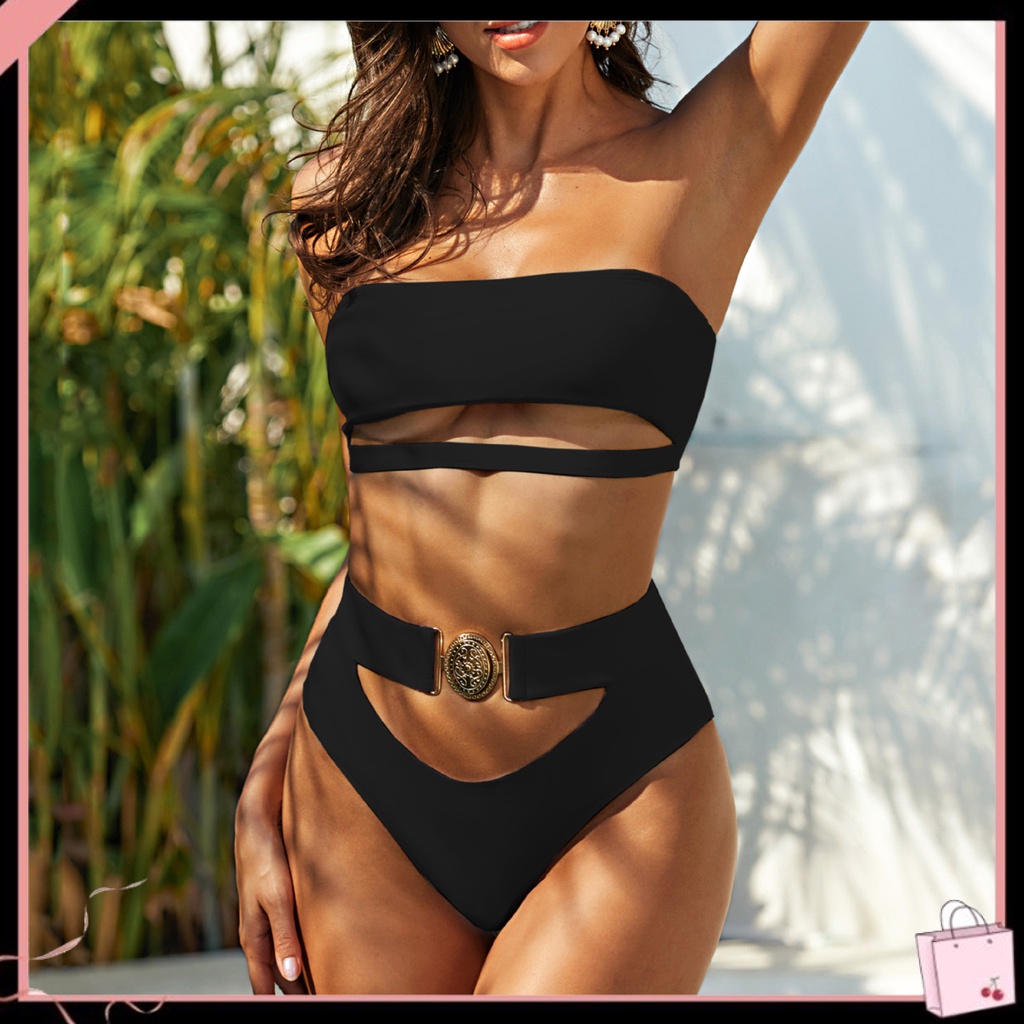 {Soltweter} Bộ Bikini Đi Biển Hở Vai Màu Trơn Lưng Cao Không Tay Hở Lưng Ôm Dáng Cho Nữ