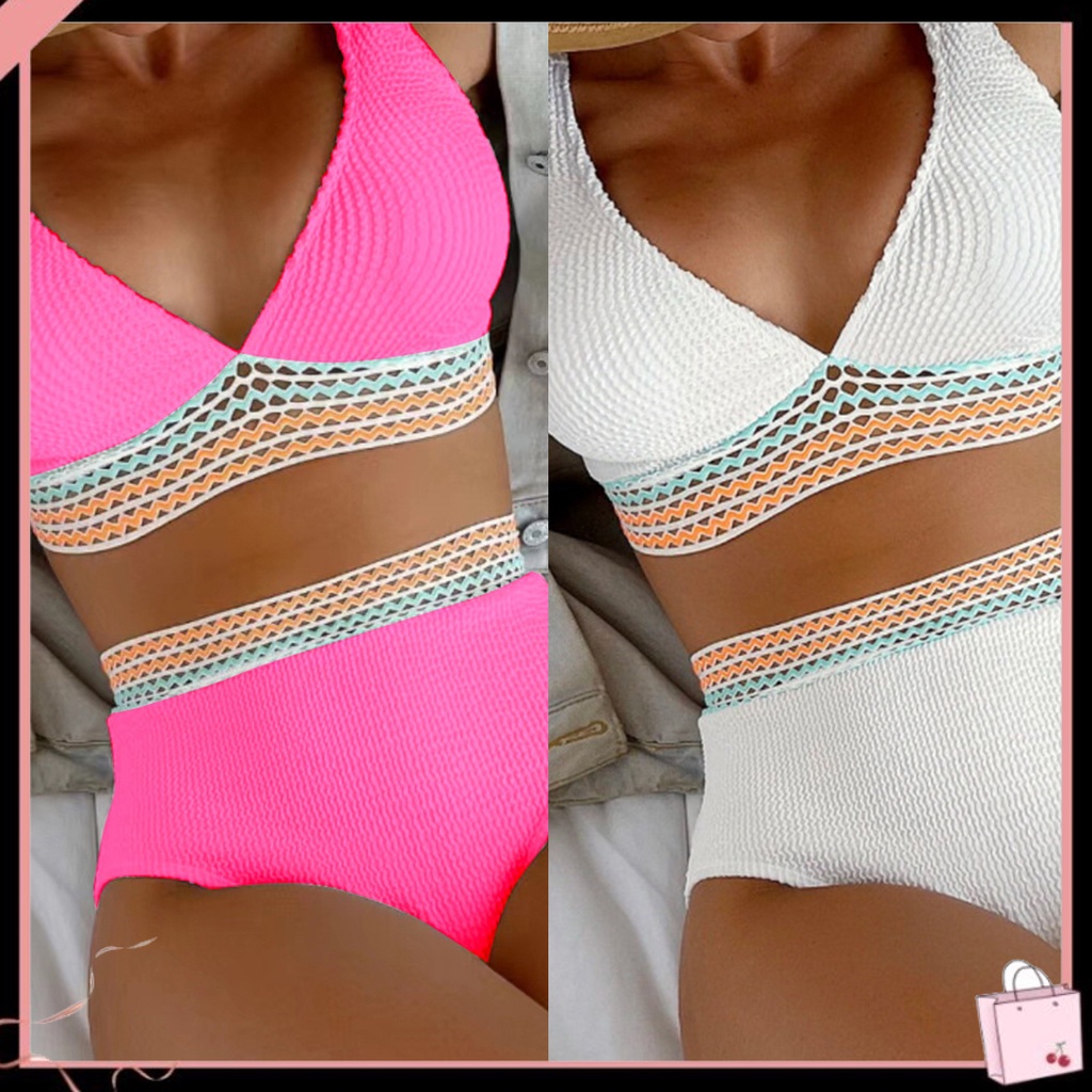 Bộ Đồ Bơi 2 Mảnh Cổ Chữ V Lưng Cao Họa Tiết Kẻ Sọc Màu Sắc Tương Phản Thời Trang Mùa Hè Cho Nữ