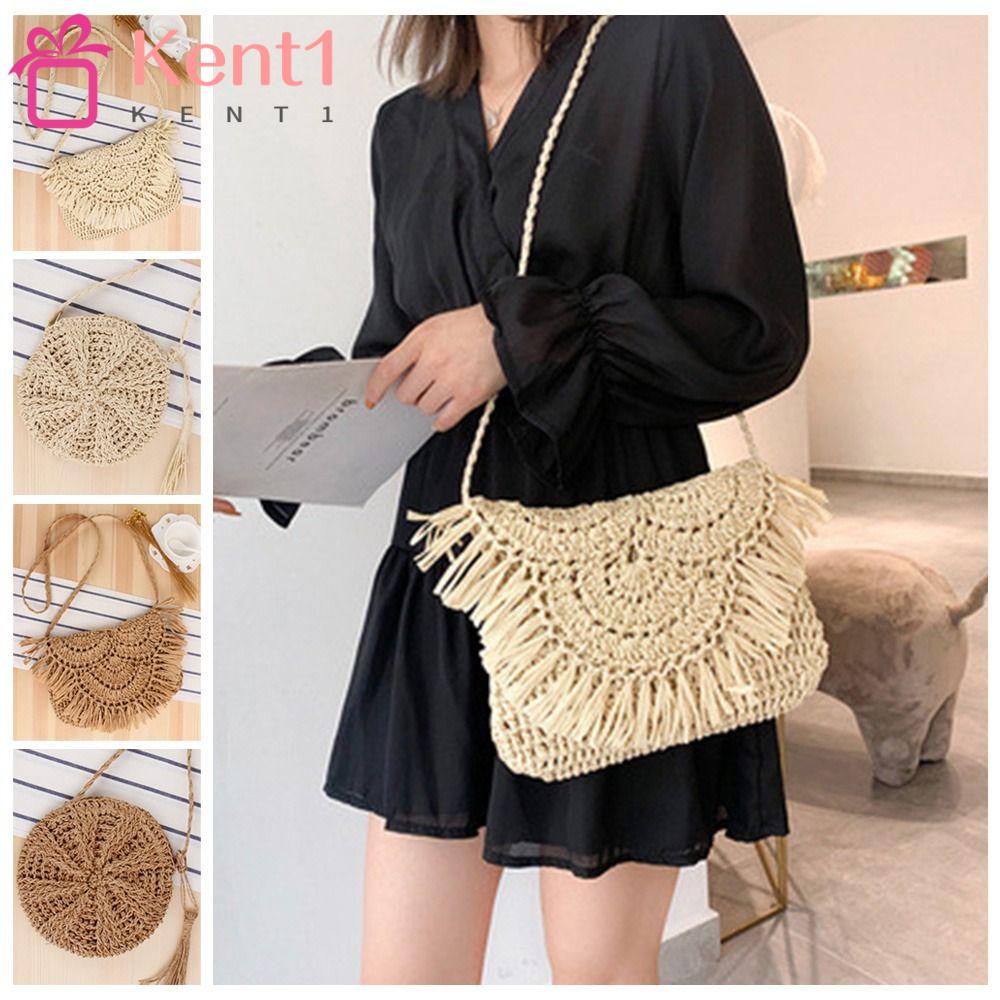 KENT1 Túi Xách Đan Cói Dáng Tròn Thời Trang Mùa Hè Xinh Xắn Cho Nữ
