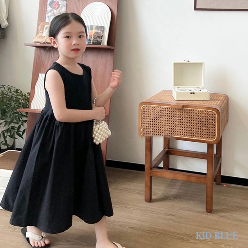 Đầm Công Chúa Không Tay Cổ Tròn Màu Trơn Thời Trang Mùa Hè Hàn Quốc Cho Bé Gái
