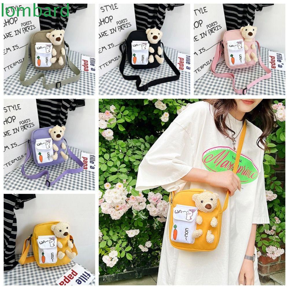Túi Canvas Đeo Vai Đựng Điện Thoại Họa Tiết Gấu Nhỏ Dễ Thương Phong Cách Hàn Quốc
