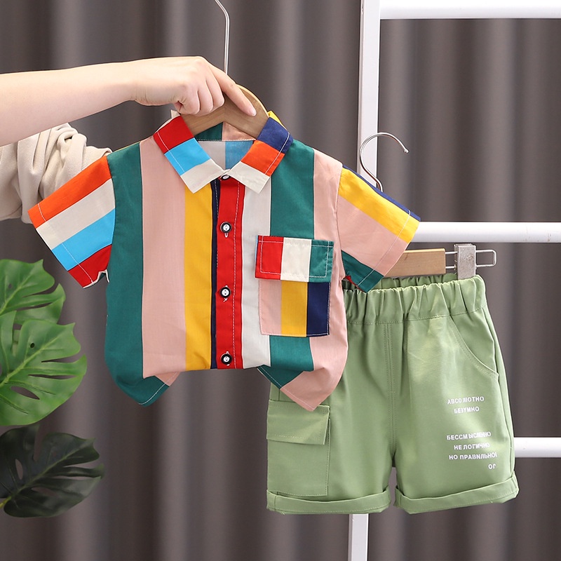 Set Đồ Thể Thao Mùa Hè 2 Món Gồm Áo Thun Sọc + Quần Ngắn Cotton Cho Bé Trai
