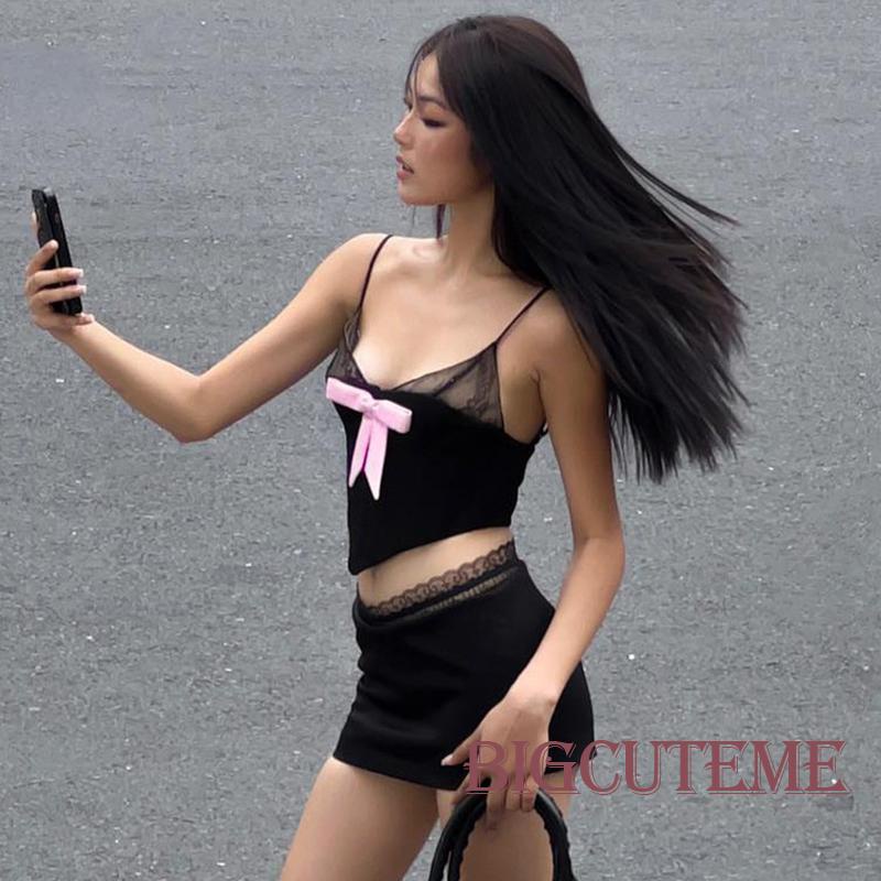 [] - Áo Crop Top Phối Lưới In Hoa Thắt Nơ Tương Phản Co Giãn Cho Nữ Đen