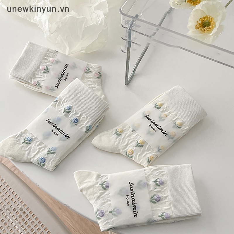 1 Đôi Vớ Cotton Dài In Hình Hoa Tulip Phong Cách Harajuku Nhật Bản Dễ Thương Cho Nữ