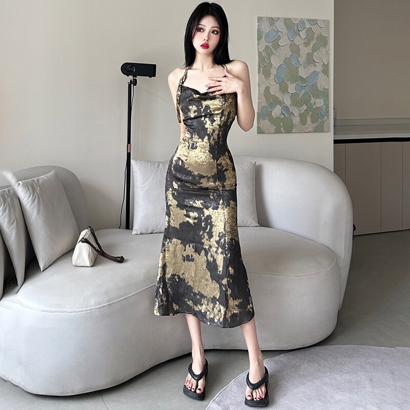 Kliou Đầm Hai Dây Nhám Mạ Vàng Mùa Hè 2023 Thời Trang Cao Cấp Thanh Lịch Cho Nữ