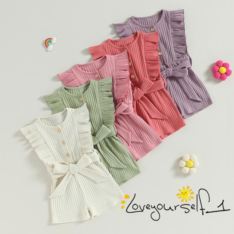 Bộ Áo Liền Quần Sát Nách Cổ Tròn Màu Trơn Phối Bèo Dễ Thương Thời Trang Mùa Hè Cho Bé Gái B930G