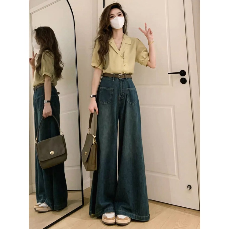 Quần Jeans Denim Ống Rộng Lưng Cao Phong Cách Hong Kong Thời Trang Mùa Hè Cho Nữ