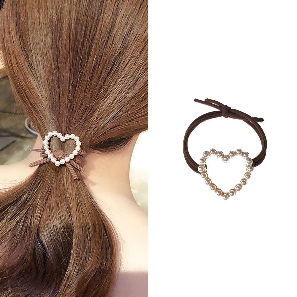 1 Dây Buộc Tóc Da Đính Ngọc Trai Hình Trái Tim Phong Cách Retro Pháp