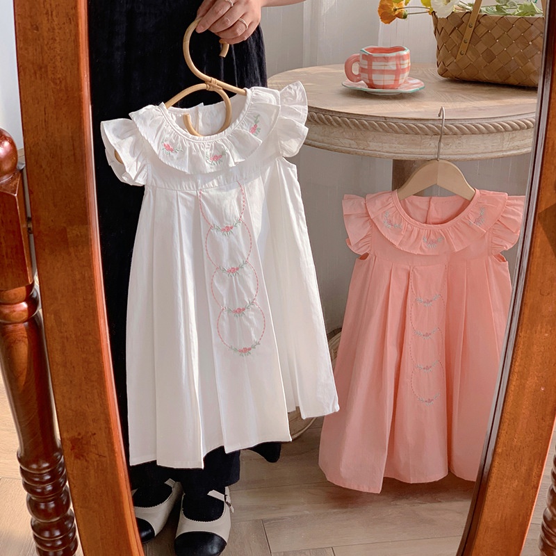 Hàng Có Sẵn Đầm Sát Nách Một Mảnh Vải Cotton Trơn Thêu Họa Tiết Kiểu Pháp Mùa Hè Dễ Thương Cho Bé Gái