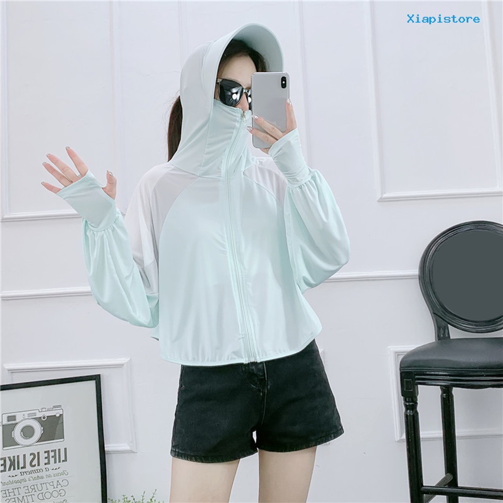[XI] Áo Khoác Chống Nắng Tay Dài Cổ Đứng Chắp Vá Lỗ Bằng Lụa Lạnh Siêu Mỏng Có Mũ Rộng Vành Cho Nữ