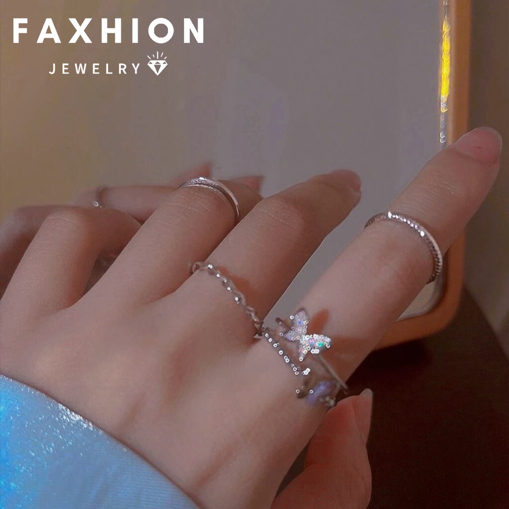 Set 4 Nhẫn Bạc Hình Bướm Đính Đá Pha Lê Thời Trang Cho Nữ