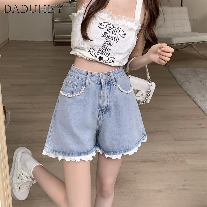 DaDuHey New Korean Version of INS Lace Retro Denim Shorts Niche High Waist A- line Pants Large Size Hot Pants